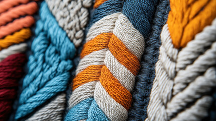 Close-up of colorful braided yarn showcasing a variety of textures and intricate patterns in blue, orange, cream, and other colors.
