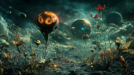 Alien landscape with floating planets and surreal vegetation