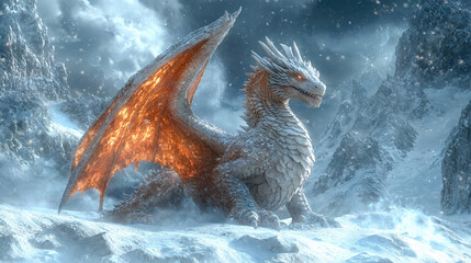 Ai generated illustration with a majestic dragon standing with its wing open on a rough snowy mountain terrain 