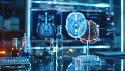 brain testing result on digital interface on laboratory or surgery background, innovative technology in science and medicine concept. medical technology