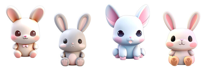 3D cartoon rabbits of various breeds on a transparent background.