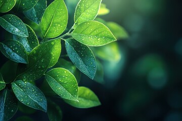 Fototapeta premium Vibrant green leaves glisten with raindrops in a tranquil forest during the early morning