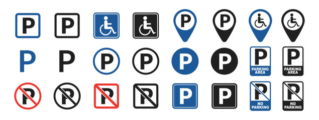 Car parking icons set. Parking and traffic signs isolated on transparent background. Various parking signs