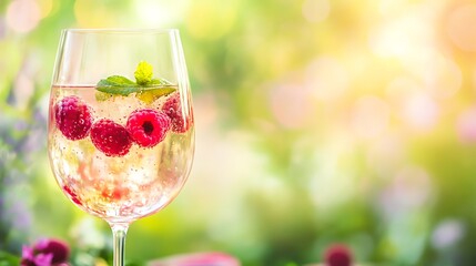 A glass of sparkling raspberry lemonade, garnished with raspberries and mint, in a bright picnic setting