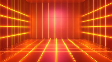 Neon-lit room with glowing lines and grid pattern.