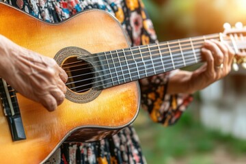 Fototapeta premium Acoustic guitar playing in warm sunlight