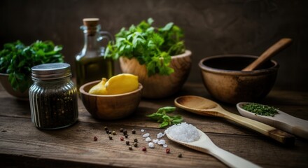 Fresh ingredients spices on rustic kitchen table