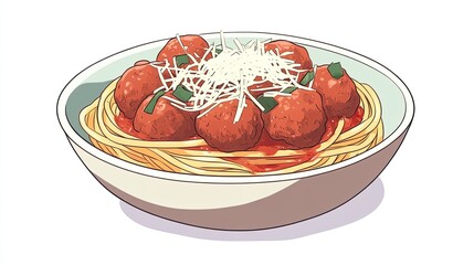 Meatballs with pasta, isolated on white, topped with tomato sauce and Parmesan cheese, ideal for Italian cuisine