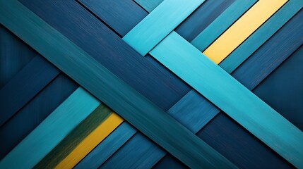 Abstract geometric composition with intersecting blue and teal wooden planks, featuring contrasting yellow accents for vibrant visual effect