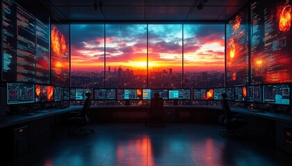 Obraz premium Cyber Attack Response Center with Real-Time Analytics, high-tech command center where analysts track and respond to cyber incidents. 