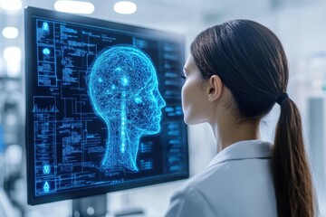 Professional woman analyzing digital brain model on a computer screen in a modern lab environment