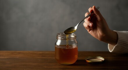 Hand pouring honey jar on wooden table
