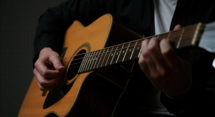 Fototapeta premium Close-up of person playing acoustic guitar in dim lighting