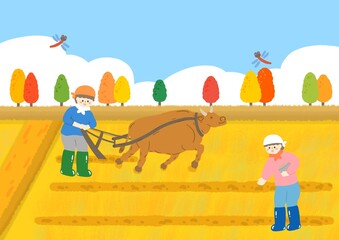 가을 농사 농부 밭가는 농부 소와 농부 논밭 가을풍경 시골길 추수 일러스트 © nusoi