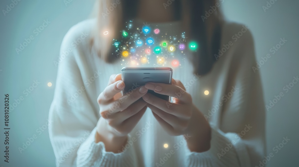 Aufkleber woman is holding smartphone with social media icons floating from the device, suggesting connection 