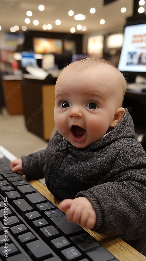 Poster a cute baby boy is sitting at a computer keyboard in a store with a surprised look on his face.