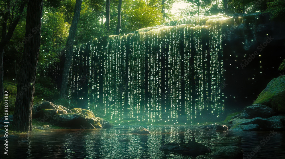 Poster digital matrix code waterfall in lush forest environment with glowing streams