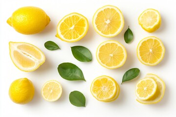 Fototapeta premium Lively lemon slices and whole lemons displayed with green foliage against a white backdrop, forming a fresh and zingy visual