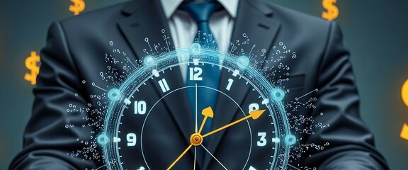 A man in a suit is holding a clock with a dollar sign on it. Concept of time and money being valuable and important in the business world