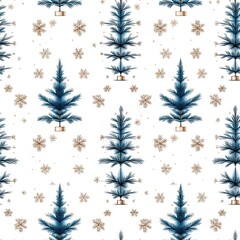 seamless pattern of Christmas trees, snowflakes, and floral elements on a white background