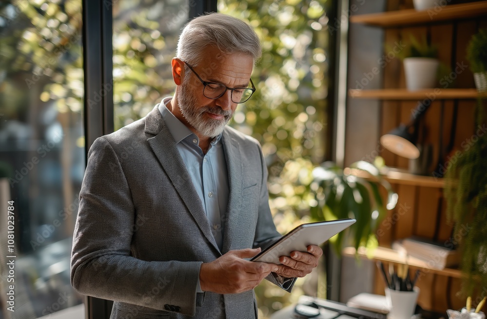 Poster a business professional using a sleek tablet in a modern workspace highlights innovation, efficiency