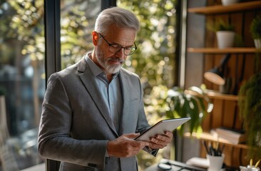 Fototapeta premium A business professional using a sleek tablet in a modern workspace highlights innovation, efficiency, and collaboration, which are key for success in todays corporate environment