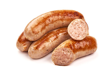 Grilled bratwurst Pork Sausages, close-up, isolated on white background.