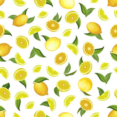 Lemons in color vector pattern. Whole and cut lemons on a white background in a color vector pattern.