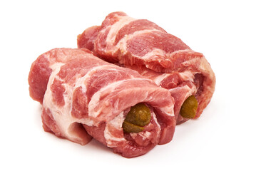 Fresh meat rolls, wrapped meat, isolated on white background.