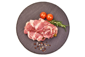 Fresh meat rolls, wrapped meat, isolated on white background.