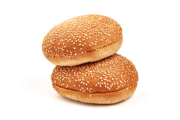 Burger buns with sesame seeds, ingredients for hamburger, isolated on white background.