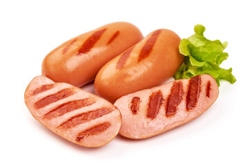 Barbecued pork sausages, isolated on white background.