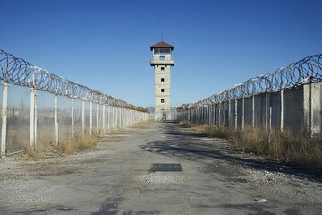 Abandoned prison complex with a watchtower under a clear blue sky