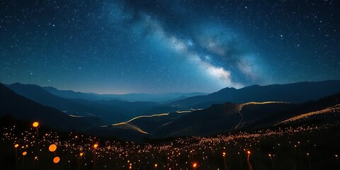 Enchanting scene of fireflies dancing under a starlit sky in a magical valley at midnight, nocturnal, mystical, midnight