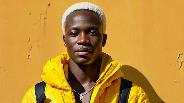 African American man with a yellow jacket and a backpack is standing in front of a yellow wall. Male fashion model with white hair posing in raincoat.