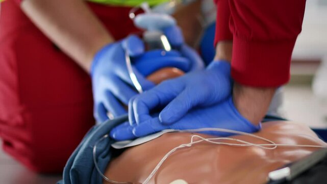 Hands of paramedic and doctor during resuscitation. Team of emergency medical service during CPR training on dummy. Themes rescue, urgency and health care.
