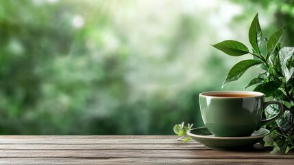 A lush vista featuring a green cup of tea sitting on a patio table, immersed in greenery with leaves arching over the scene, offering tranquility and peace.