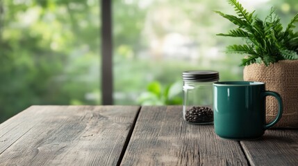 A contemporary kitchen scene with a blue mug and glass container of coffee beans on a wooden table, alongside a decorative pot of lush ferns and greenery.