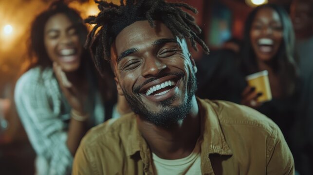 A happy man with dreadlocks smiles broadly, surrounded by friends in a festive atmosphere, exuding joy and camaraderie while holding a yellow cup of beverage.
