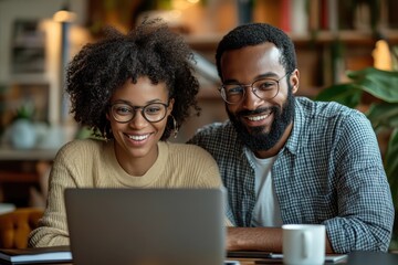 Couple enjoying a cozy evening together while working on a laptop in a stylish café