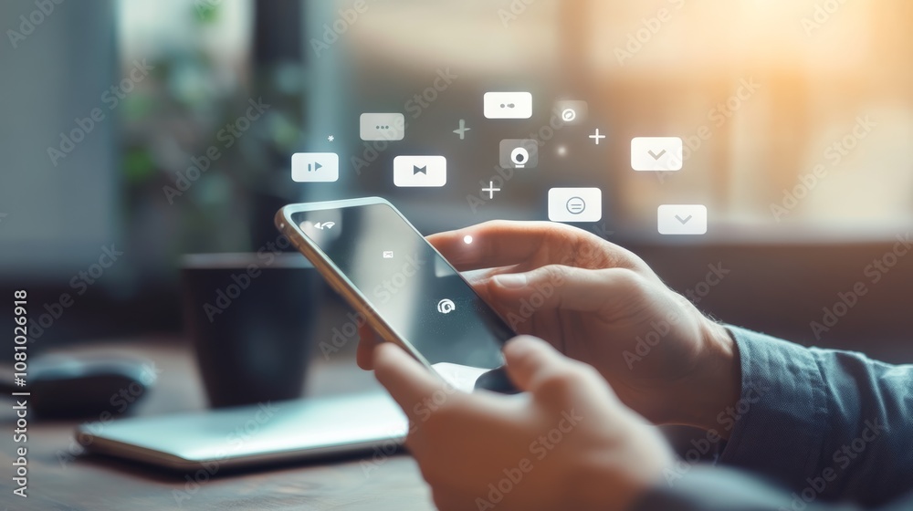 Aufkleber Office worker is using smartphone with social media app icons floating above the screen, suggesting connection and communication in the digital age