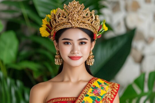In traditional Balinese clothing, adorned with gold decorations and elegant, this young girl wears the payas Agung, an elegant and graceful piece of clothing invented by King Agung himself