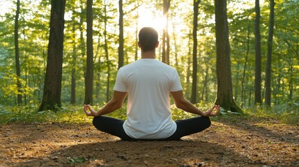 healing reflections , Moments of stillness concept A person meditates in a serene forest, surrounded by trees and bathed in soft sunlight, promoting a sense of peace and mindfulness.