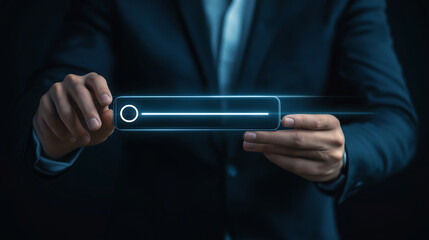 Businessman using loading bar interface on futuristic transparent screen display
