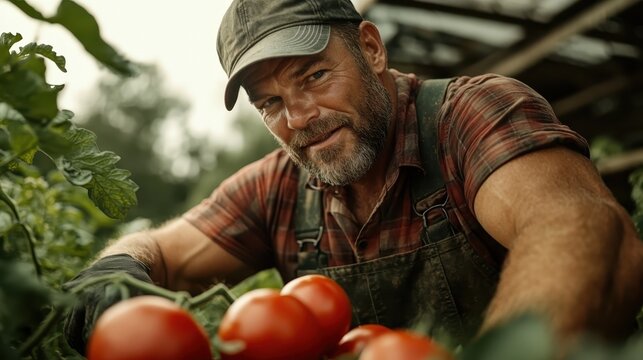 A thoughtful farmer carefully examines ripe tomatoes growing in a farmhouse setting, embodying the dedication and attention required in sustainable farming.