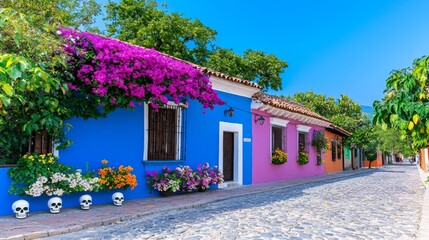 The traditional and colorful streets of a Mexican village with decorations related to Mexican Dead Day