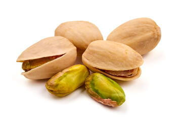 Pistachio nuts, isolated on white background. Close-up.