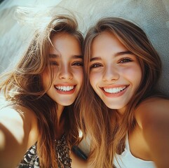 Awesome high-resolution photo of two young girlfriends fooling around and taking selfies. State of mind