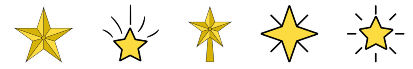 Set of stars icon, Star icon, golden star, shooting star, Christmas star, space,  Christmas icon, merry christmas, star with black stroke, five points star, black stroke