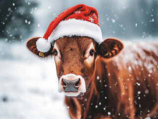 Snowy Santa cow
